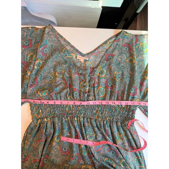 Anthropologie Boemo Green midi dress Paisley Tiered smocked Size L Boho Regency - Picture 10 of 11
